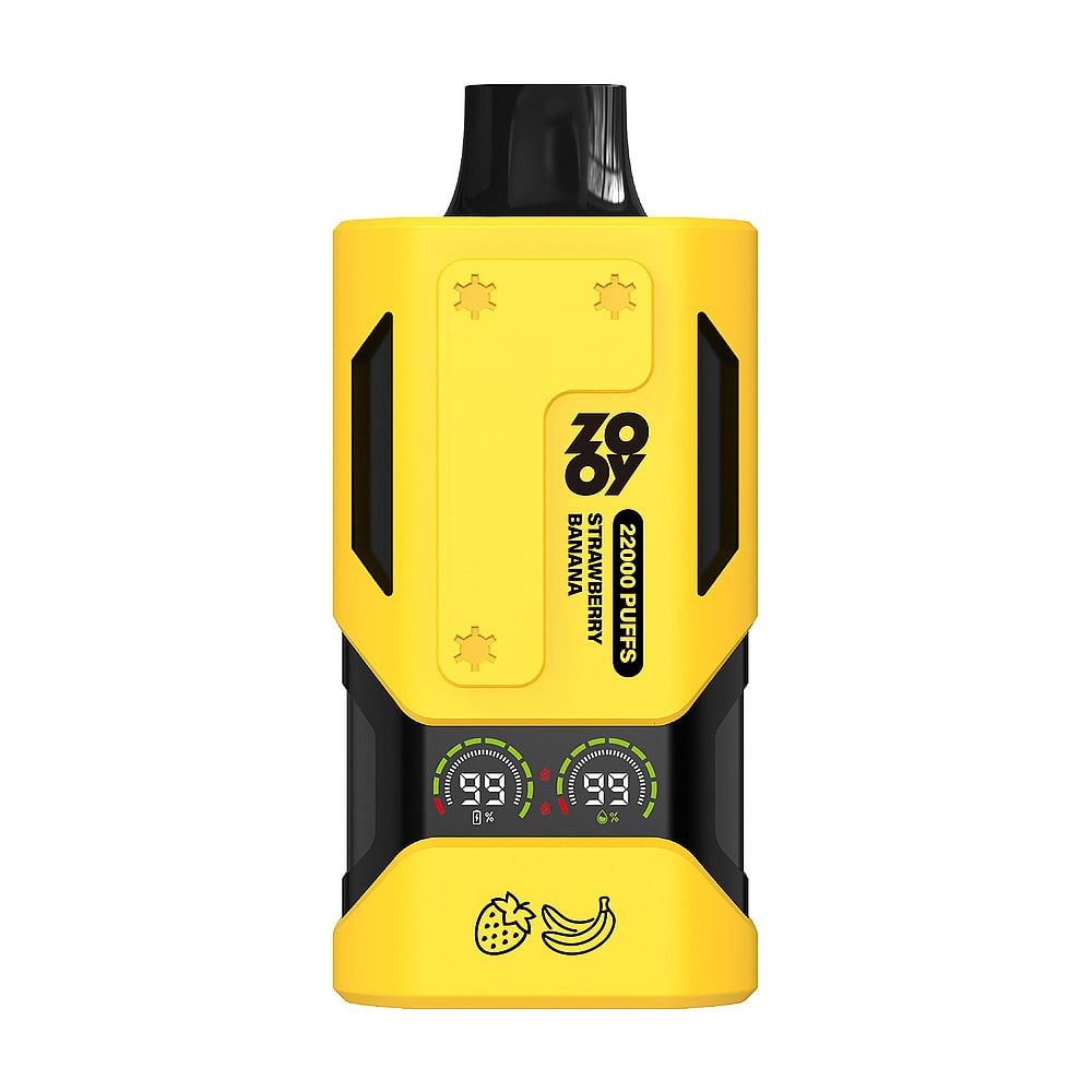 A bright yellow vape device labeled 'ZOYO' with '22000 PUFFS' and the flavors 'STRAWBERRY' and 'BANANA' printed on it, featuring dual display screens showing battery levels and puff counts, along with small icons of a strawberry and banana at the bottom.