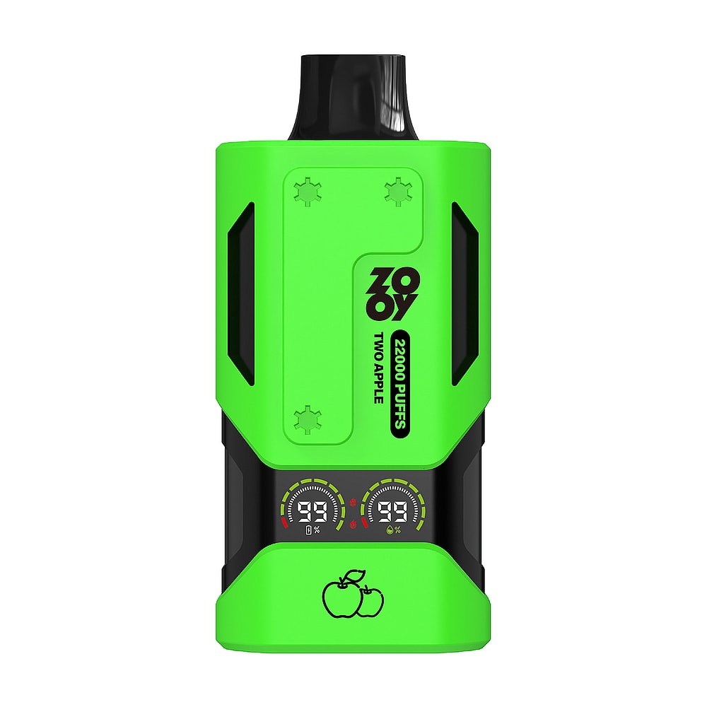 A bright green vape device labeled 'ZOOY 22000 PUFFS TWO APPLE' featuring two small digital displays showing settings, with an apple icon at the bottom.