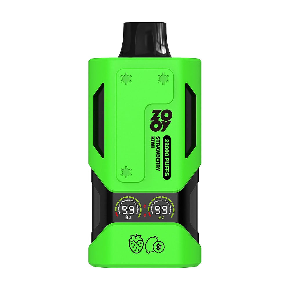 A bright green vape device featuring the brand name 'ZOYO', labeled for 20,000 puffs with a strawberry and kiwi flavor, and two digital display screens showing battery and puff count.