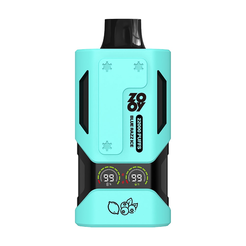 A mint green vape device labeled 'ZOYOY 22000 PUFFS BLUE RAZZ ICE' featuring dual digital displays for battery life and resistance settings on a black base, with a small graphic of fruits at the bottom.