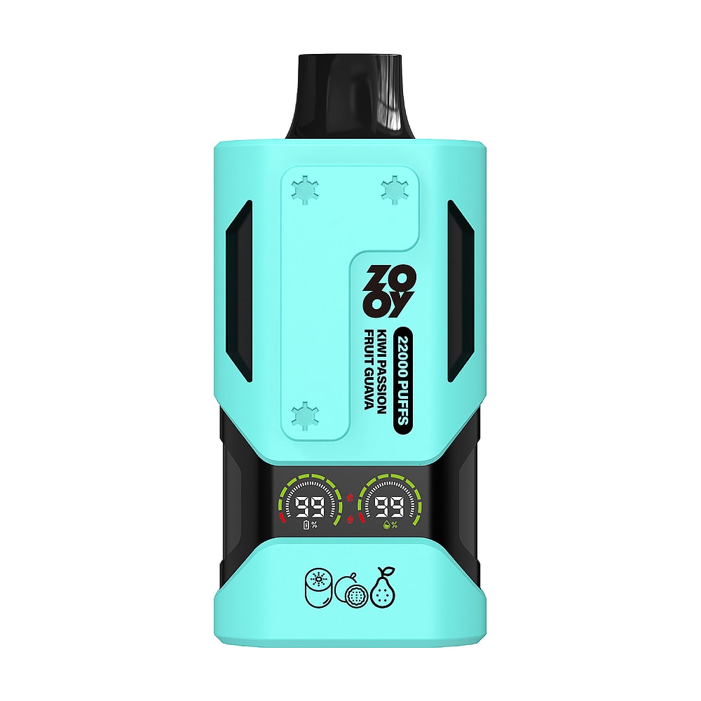 A turquoise vape device labeled 'ZOOY' featuring a design that indicates it provides 2000 puffs, with 'Kiwi, Passion Fruit, Guava' flavor notes, and dual digital display screens on the bottom showing battery levels.