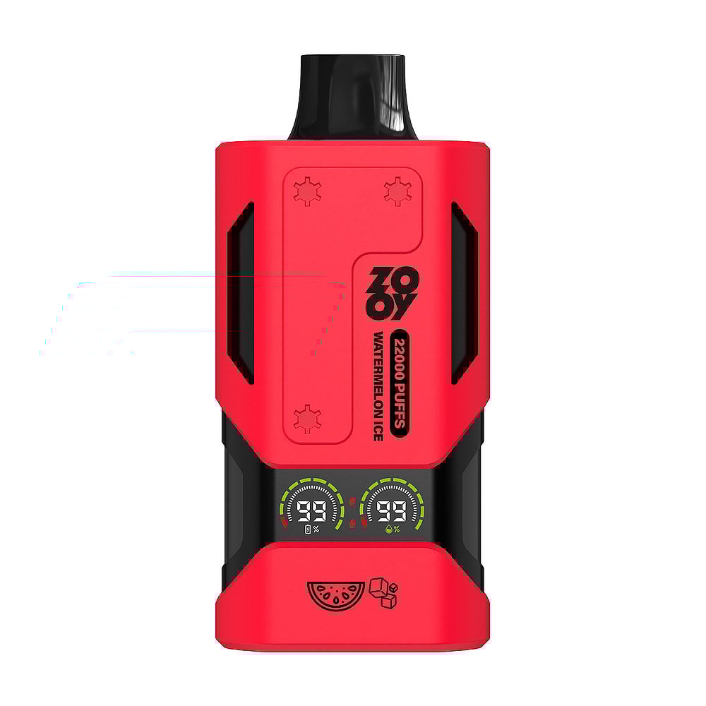 A red vape device labeled 'ZOZOY 22000 PUFFS WATERMELON ICE' featuring a rounded top, two circular battery life indicators, and icons of watermelon and ice cubes near the base.