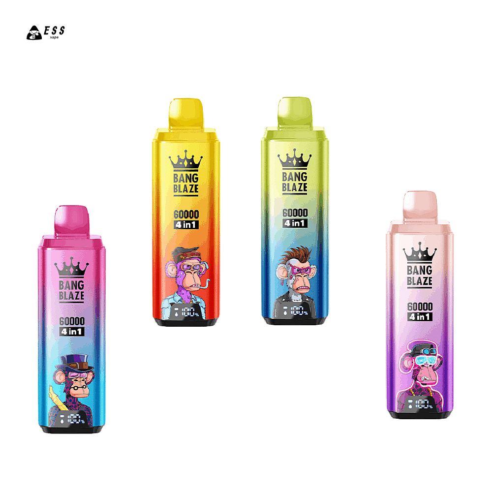 Una colección de cuatro dispositivos de vapeo coloridos denominados 'BANG BLAZE 60000 4 en 1', con diseños de monos de dibujos animados en sus caras; los dispositivos están dispuestos de izquierda a derecha con una variante rosa, amarilla, verde y rosa claro que muestra esquemas de colores degradados.