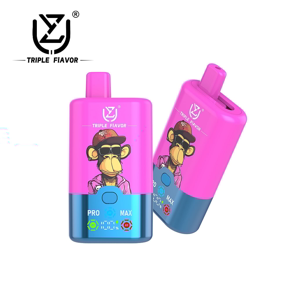 A bright pink and blue vape device featuring a cartoon monkey wearing sunglasses and a hat, labeled 'TRIPLE FIAVOR' with buttons marked 'PRO' and 'MAX' on the front.