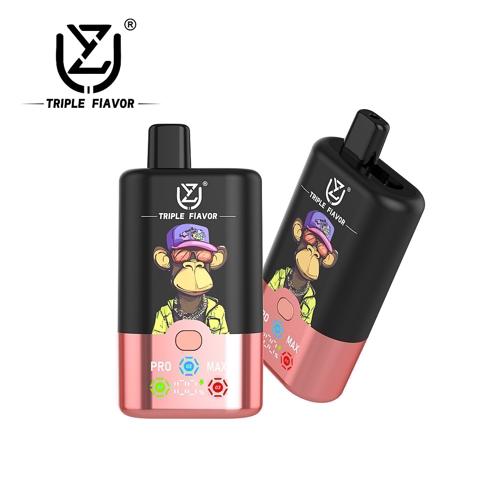 Two disposable vape devices with a cartoon monkey graphic wearing sunglasses and a purple cap, featuring a black upper section and a pink lower section with a control button and battery indicator lights indicating flavor modes.