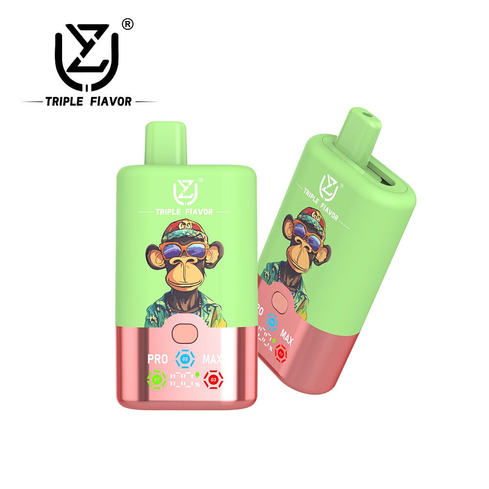 Two green vaping devices with a cartoon monkey wearing sunglasses on the front, featuring buttons labeled 'PRO' and 'MAX' and indicator lights.