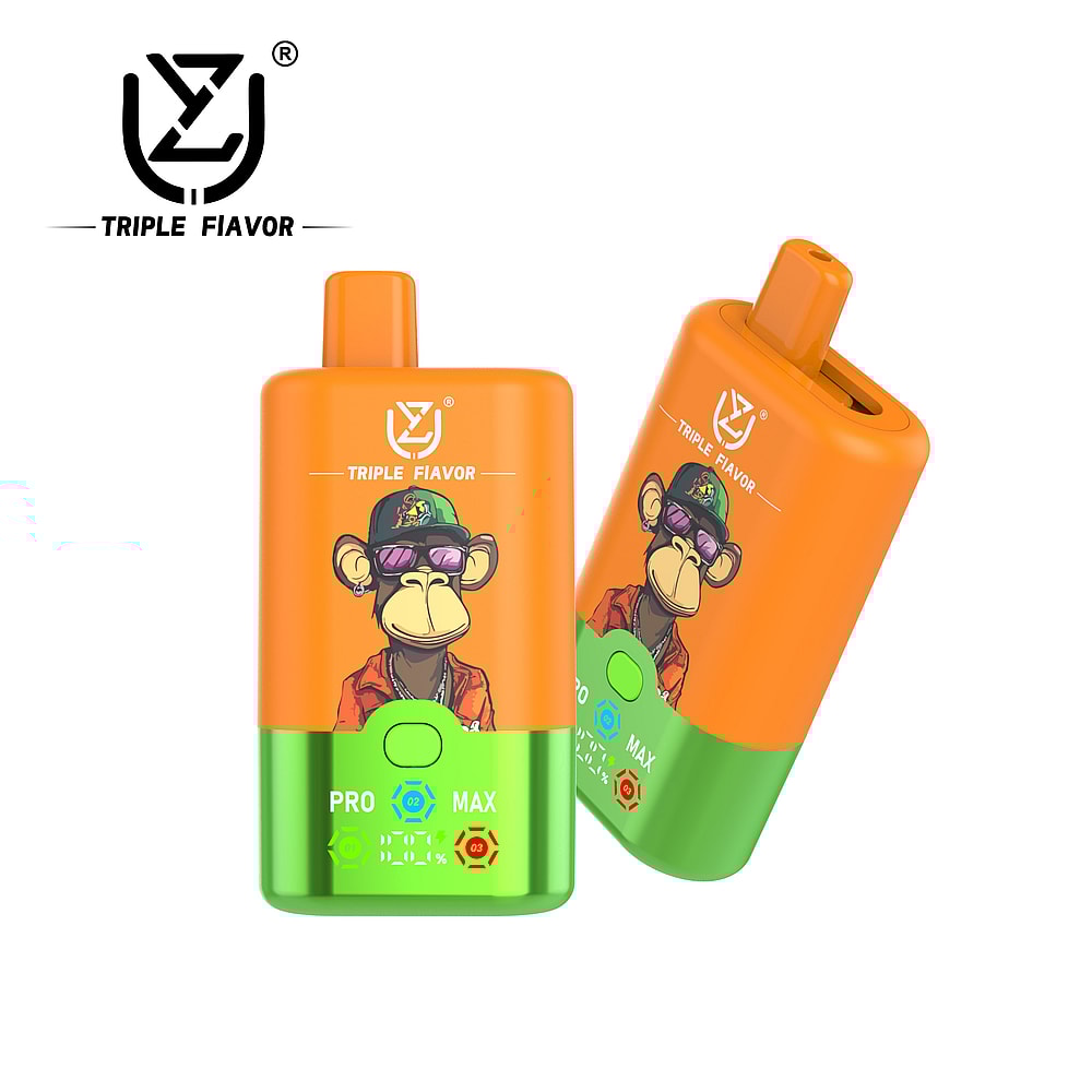 Two brightly colored disposable vape devices labeled 'TRIPLE FIAVOR', featuring a cartoon monkey in sunglasses and a green, circular activation button on the front for different flavor settings.