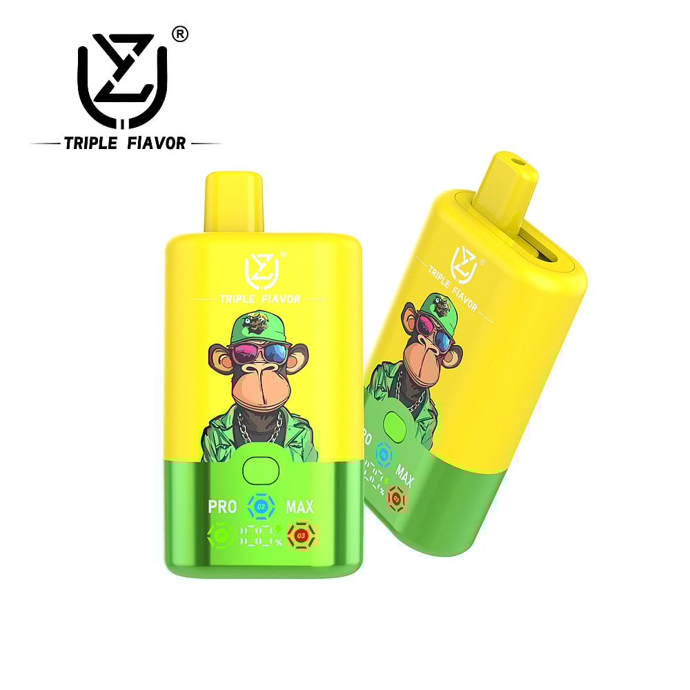 Two colorful vape devices featuring a cartoon monkey wearing sunglasses and a military jacket, labeled with 'TRIPLE FIAVOR' and indicators for 'PRO' and 'MAX' capacities, set against a white background.
