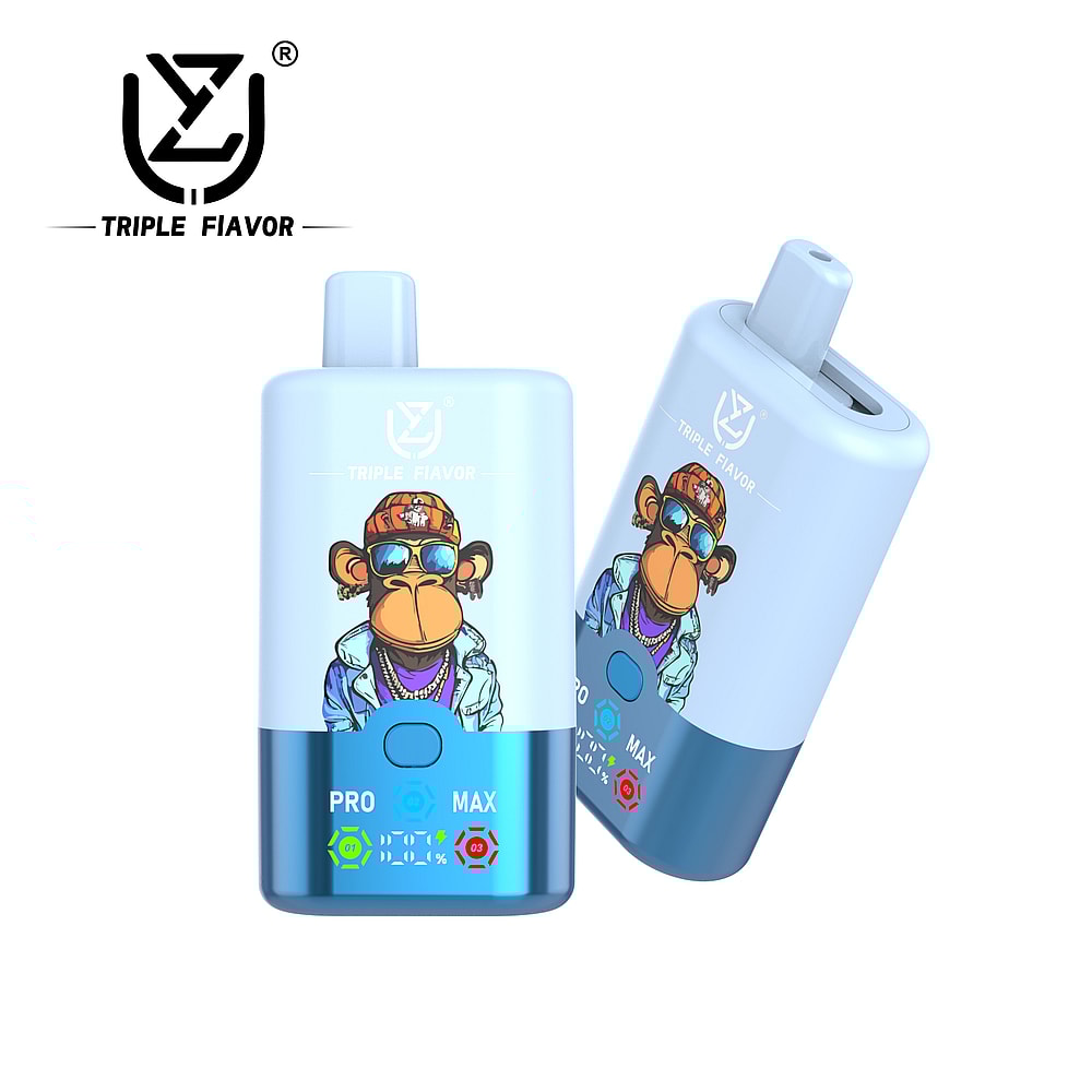 A dual-sided vape device featuring a cartoon monkey wearing sunglasses and a cap, with indicators for power settings labeled 'PRO' and 'MAX' on a light blue background.