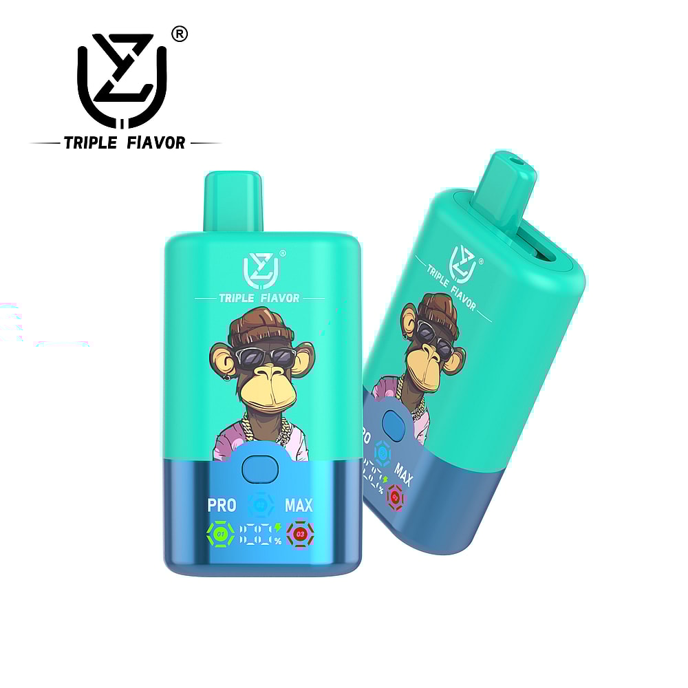 A colorful vape device featuring a cartoon monkey wearing sunglasses and a gold chain, with a turquoise and blue design, and labeled with "TRIPLE FIAVOR" and indicators for battery and flavor levels.
