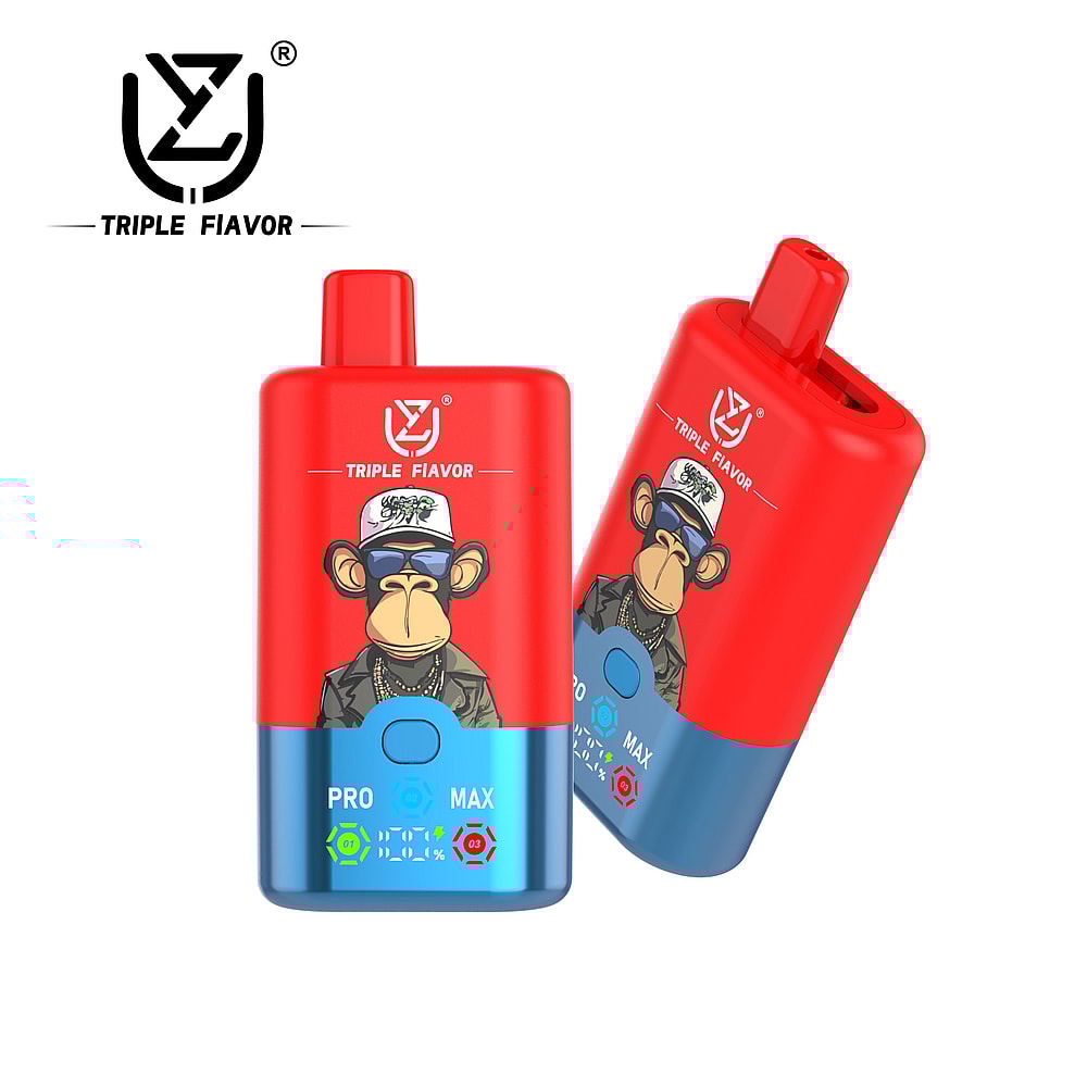 Two red and blue vaping devices featuring a cartoon monkey wearing sunglasses and a hat, with a logo that reads 'TRIPLE FIAVOR' and control buttons labeled 'PRO' and 'MAX'.