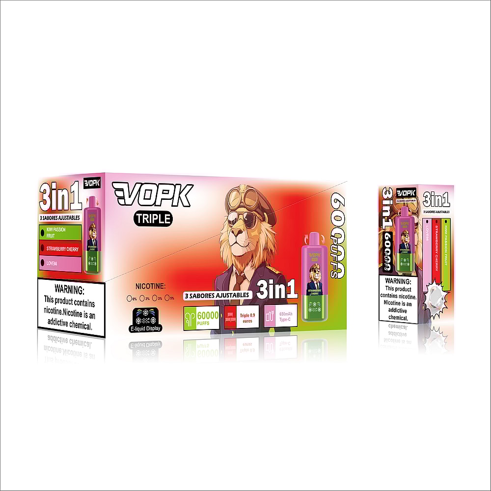 A colorful vape packaging featuring a cartoon lion wearing aviator goggles, advertising a '3in1' vape product with options for kiwi passion fruit, strawberry cherry, and love flavors, alongside nicotine warnings and usage information.