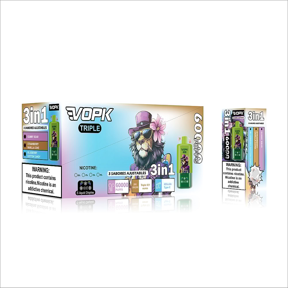 A colorful packaging design for the VOPK Triple vape, featuring a cartoon lion in sunglasses and a purple top hat, and highlighting three flavors: gummy bear, strawberry vanilla, and blueberry cotton candy, along with a warning about nicotine.