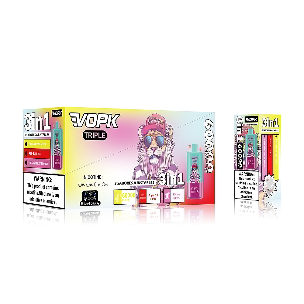 A colorful vape box featuring a lion wearing sunglasses and a cap, labeled 'VOPK TRIPLE 3in1', indicating three adjustable flavors: Banana Pineapple, Red Bull Ice, and Strawberry Mango, and details about nicotine content and electronic specifications.