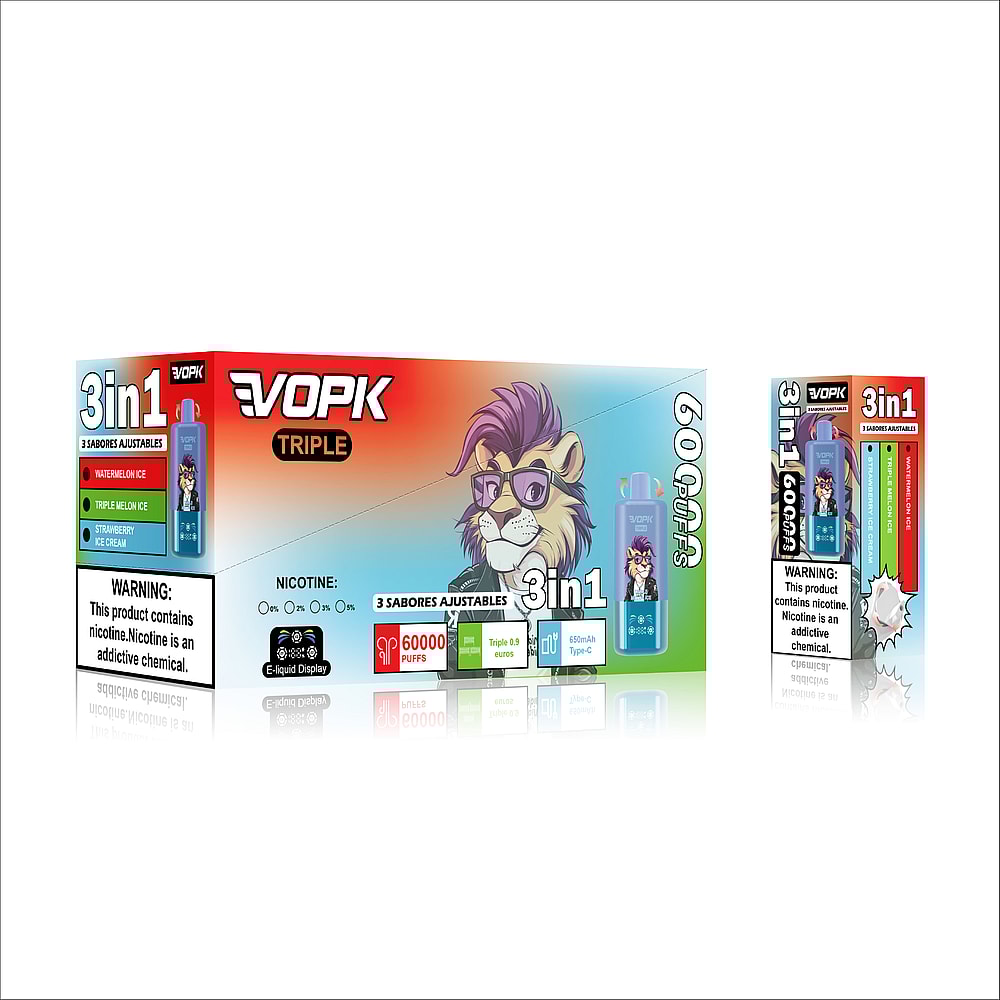 A colorful packaging for VOPK Triple vape, featuring a cartoon lion with glasses and text indicating it has three adjustable flavors: Watermelon Ice, Triple Melon Ice, and Strawberry Ice Cream, alongside warnings about nicotine and usage information.