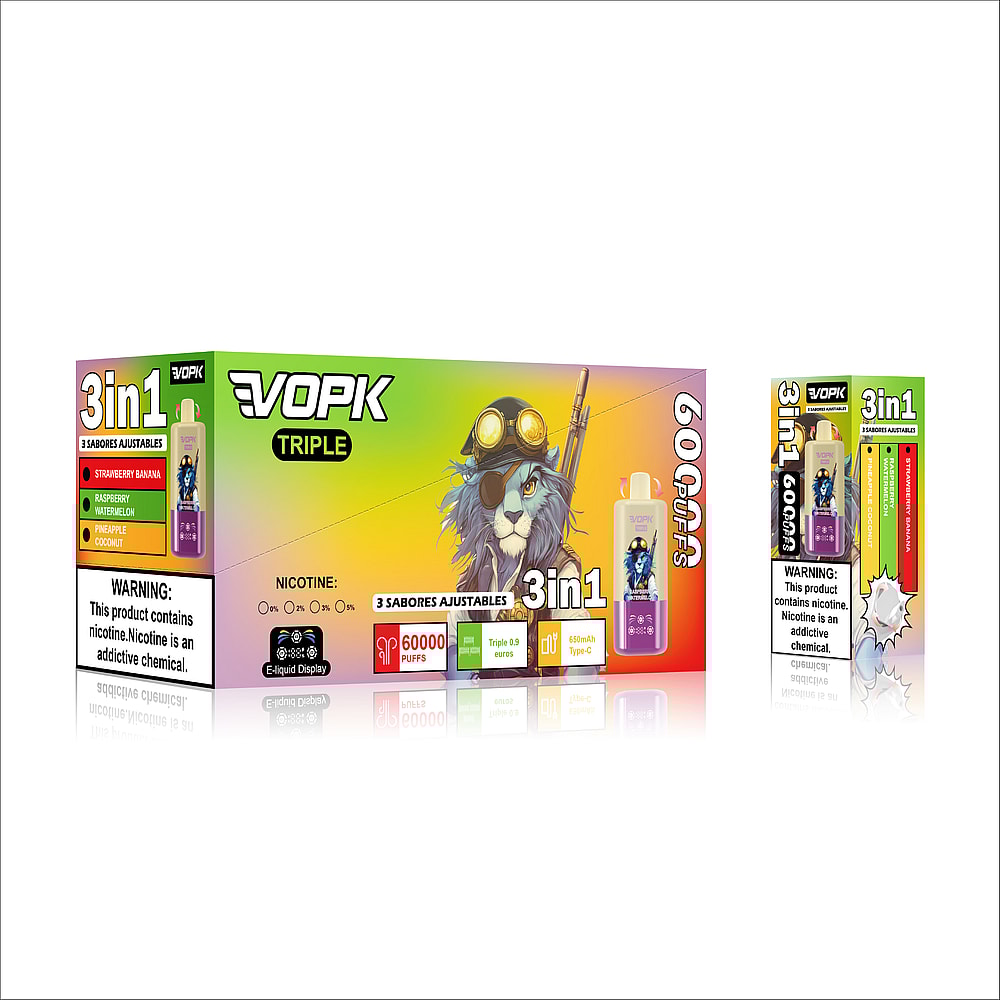 A colorful packaging for VOPK Triple featuring a cartoon lion with goggles, highlighting three adjustable flavors: Strawberry Banana, Raspberry Watermelon, and Pineapple Coconut, with details on nicotine content and the number of puffs.