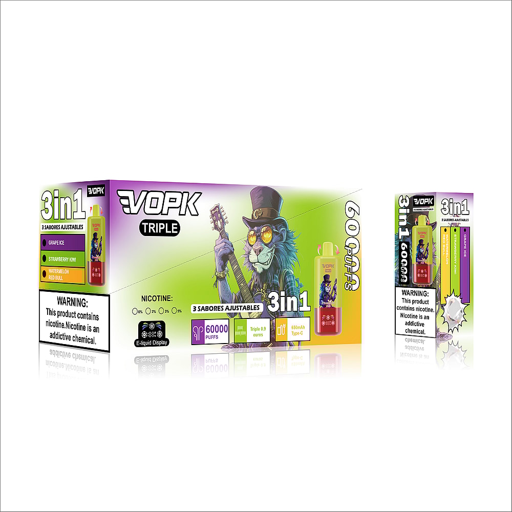 A colorful box packaging for VOPK Triple e-cigarette featuring a cartoon lion wearing a top hat and sunglasses playing a guitar, highlighting three adjustable flavors: Grape Ice, Strawberry Kiwi, and Red Bull, with a capacity of 60,000 puffs and a warning about nicotine content.