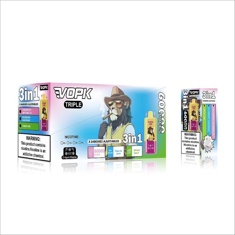 A colorful vape packaging design featuring the brand 'VOPK' with images of various flavored vape pens labeled '3 in 1', displaying flavors such as strawberry, watermelon, blueberry, and raspberry, along with warnings about nicotine content and an indication of 60,000 puffs.