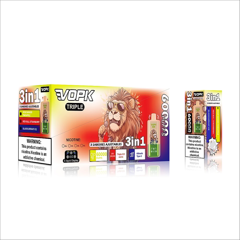 A colorful packaging for VOPK Triple vape device featuring a lion wearing sunglasses, advertisement for three flavors: Sour Mango Pineapple, Red Bull Strawberry, and Blackcurrant Ice, with details on nicotine content and puff capacity.