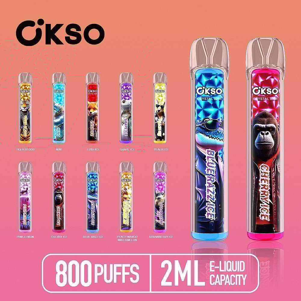 Una exhibición colorida de varios bolígrafos vaporizadores de e-líquido de OKSO, con sabores como Tiger Blood, Mint y Cherry Ice, dispuestos sobre un fondo degradado, con etiquetas prominentes que indican una capacidad de 800 bocanadas y 2 ml de e-líquido.