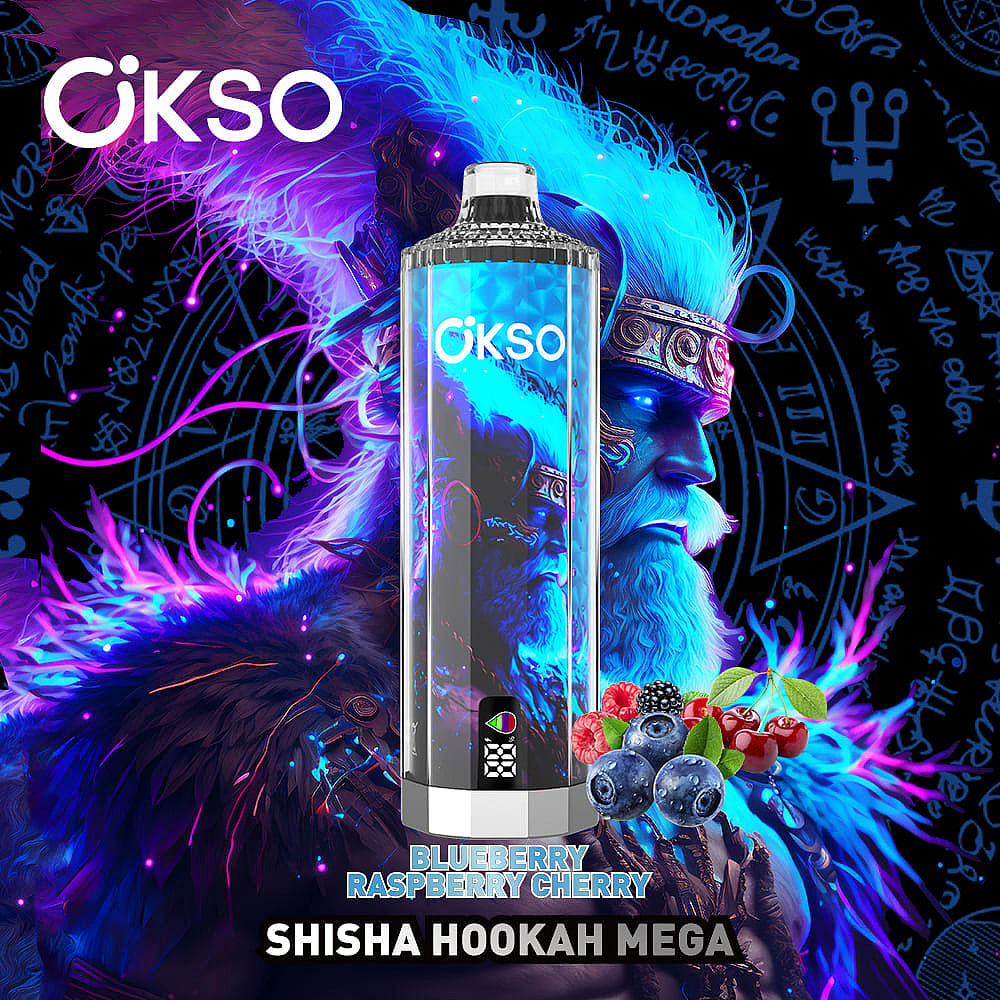 A Colorful Vape Device Featuring The Brand 'Okso' With A Bold Design, Prominently Displaying The Flavor 'Blueberry Raspberry Cherry' And The Label 'Shisha Hookah Mega', Set Against A Dark, Mystical Background With Vibrant Blue And Purple Hues And A Mythical Warrior'S Face.