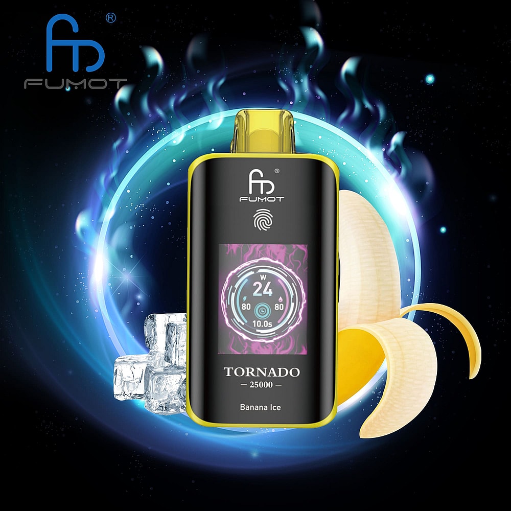 A Sleek Black And Yellow Vape Device Is Featured Prominently, Displaying A Colorful Digital Screen With Wattage And Usage Data, Set Against A Dark Background With Ice Cubes And Banana Slices, Suggesting A 'Banana Ice' Flavor.