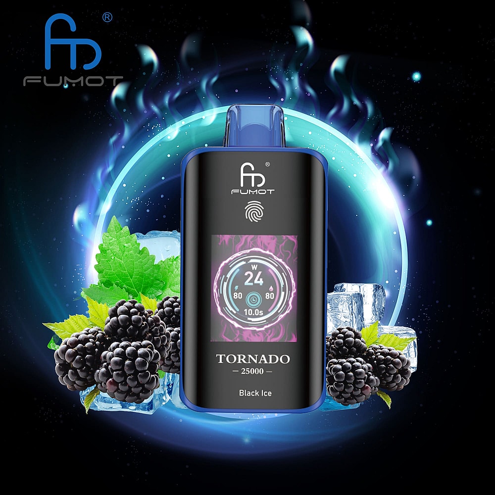 A Sleek Black Electronic Vaping Device Branded Fumot With A Digital Display Indicating Wattage And Temperature, Surrounded By Blackberries, Mint Leaves, And Ice Cubes Against A Cosmic Background.