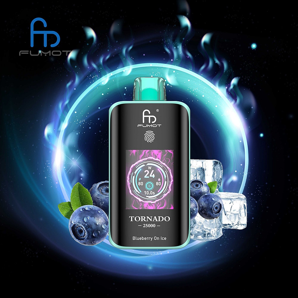 A Vape Device Labeled 'Fumot Tornado 25000' Prominently Displayed Against A Cosmic Backdrop With A Circular, Glowing Design, Surrounded By Fresh Blueberries And Ice Cubes, Emphasizing Its 'Blueberry On Ice' Flavor.