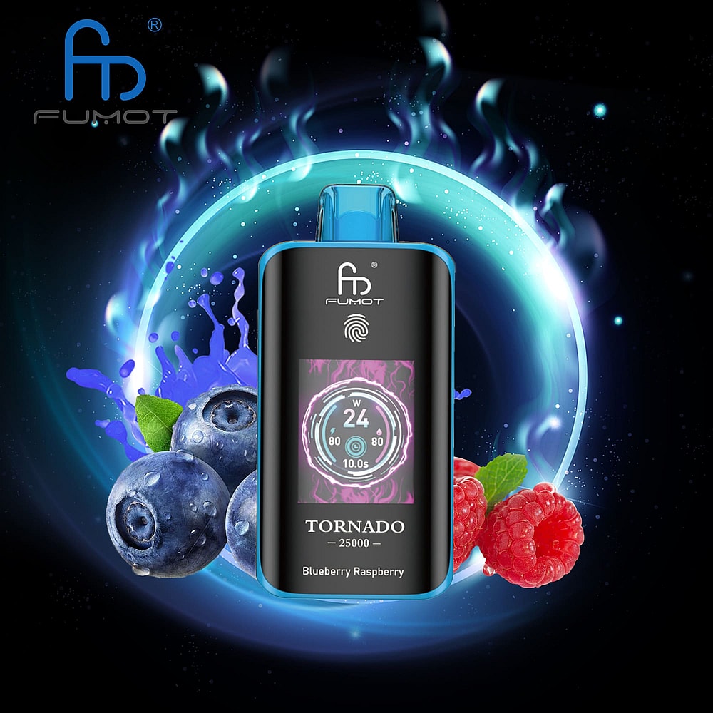 An Electronic Vaping Device Labeled 'Fumot Tornado 25000' With A Digital Display Showing Settings, Accompanied By Fresh Blueberries And Raspberries, Against A Vivid Blue And Black Background With Swirling Abstract Effects.