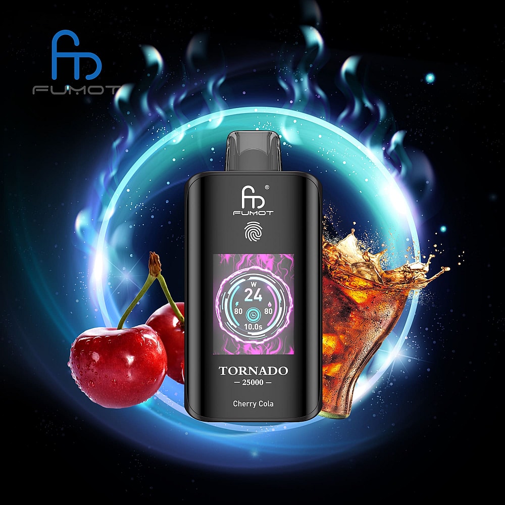 A Black Vaping Device Labeled 'Fumot Tornado 25000' With A Colorful Digital Display, Surrounded By Cherry Fruits And A Splash Of Cola In A Cosmic Blue Mist Backdrop.