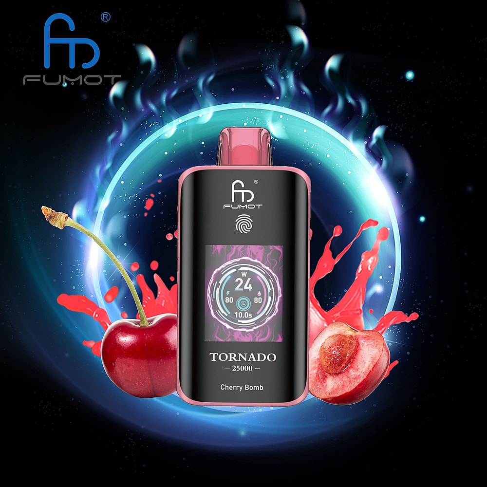 A Fumot Tornado Vape Device With A Black And Pink Design, Featuring A Display Showing 24 Watts And A 'Cherry Bomb' Flavor, Set Against A Dynamic Background With Cherries And Splashes Of Red.