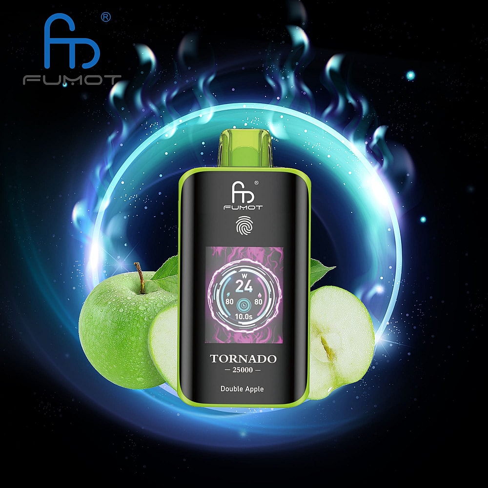 A Sleek Fumot Vaping Device Labeled 'Tornado 25000' With A Digital Display Surrounded By Green Apple Halves Against A Cosmic Backdrop With Swirling Blue And Purple Lights, Indicating A 'Double Apple' Flavor.