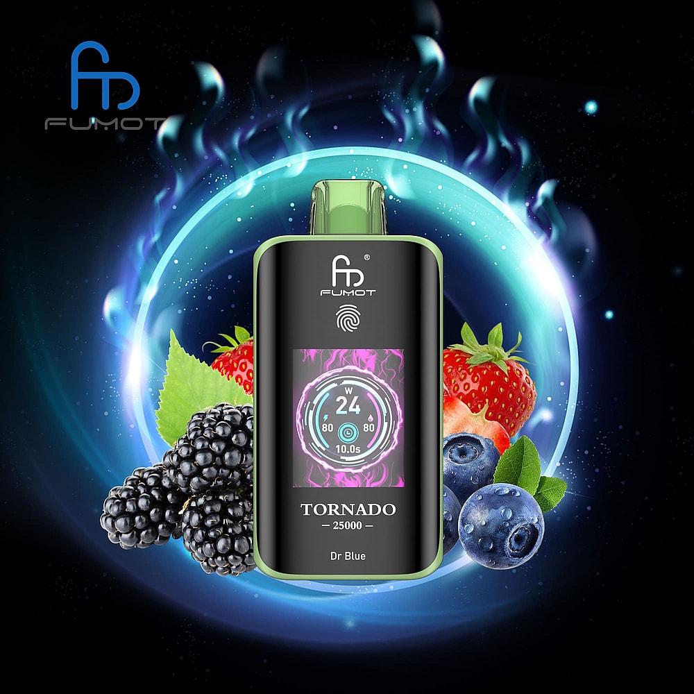 A Fumot Tornado Vape Device In Black And Green With A Digital Display, Surrounded By Fresh Strawberries, Blackberries, Blueberries, And Mint Leaves Against A Glowing Blue And Green Cosmic Background.