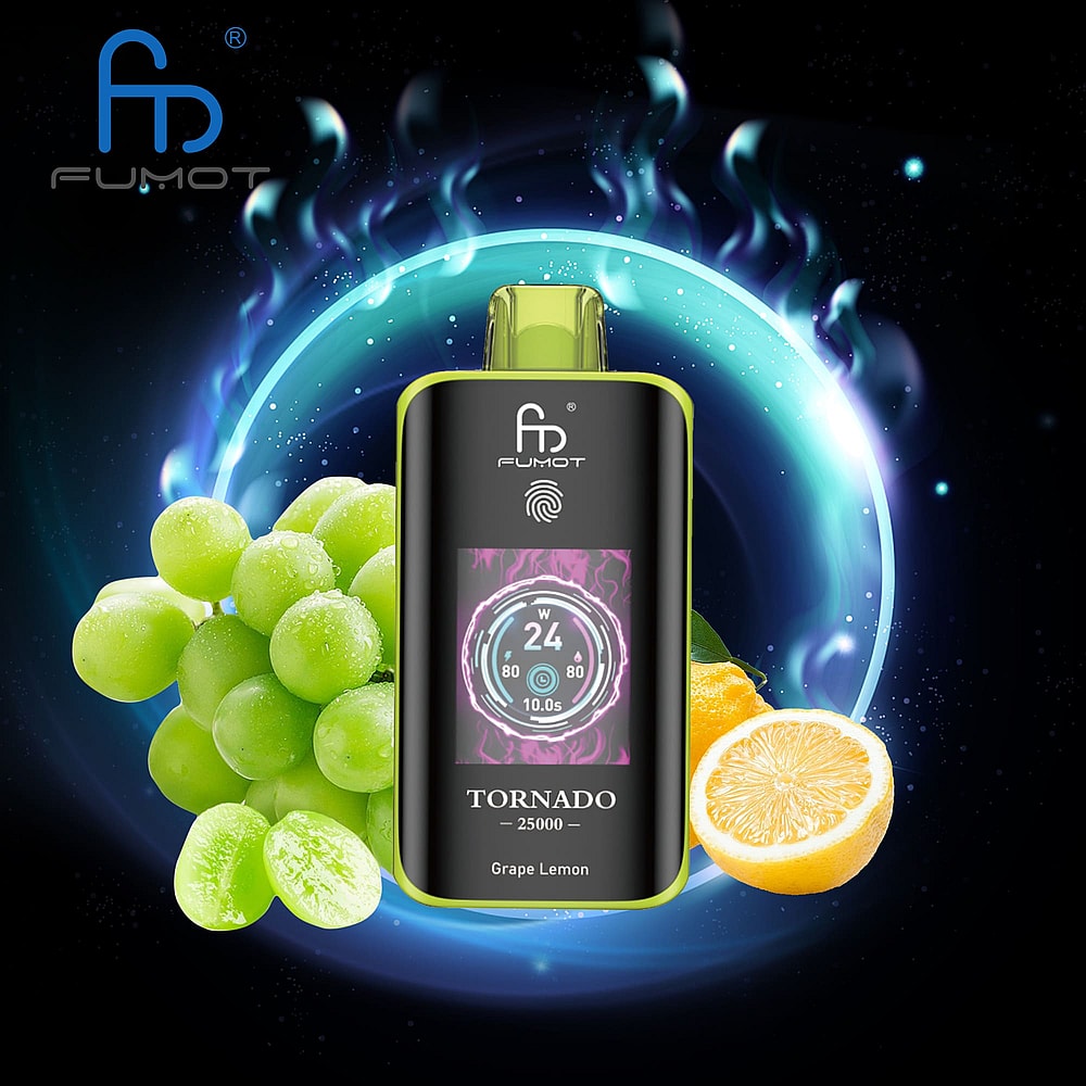 A Fumot Tornado 25000 Vape Device Features A Black Body With A Colorful Display Screen And Is Surrounded By Green Grapes And A Slice Of Lemon, Set Against A Vibrant Blue Halo Background.