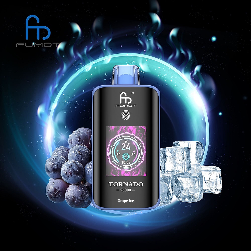 A Sleek Black Vape Device Labeled 'Tornado 25000' With A Display Showing Settings, Surrounded By Fresh Blueberries And Ice Cubes Against A Cosmic Background, Suggesting A Flavor Of 'Grape Ice'.
