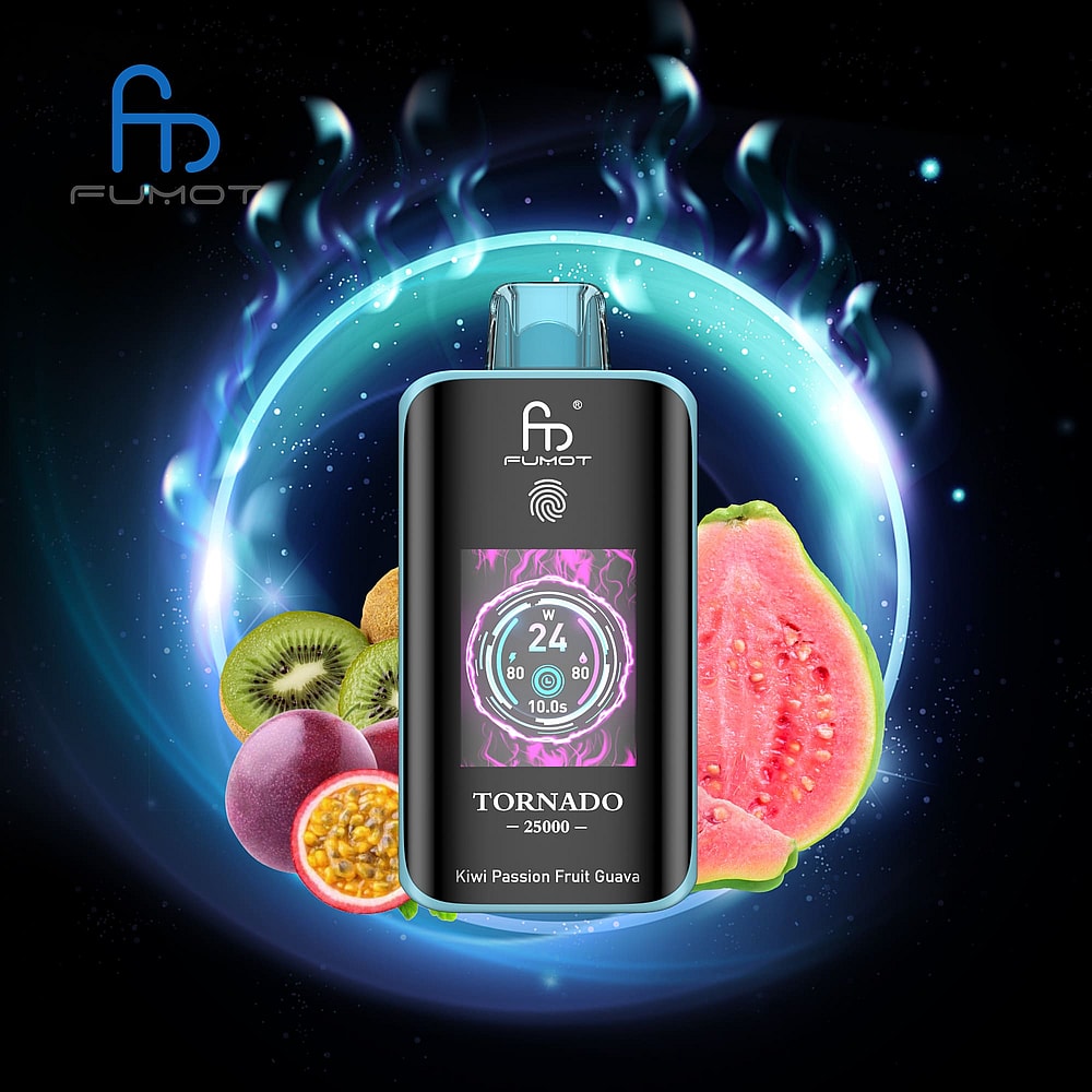 A Sleek Black Vape Device Labeled 'Tornado 25000' With The Flavor 'Kiwi Passion Fruit Guava' Displayed On The Front, Surrounded By Colorful Fruits Including Kiwi, Passion Fruit, And Guava, Against A Backdrop Of Swirling Blue And Purple Vapor.