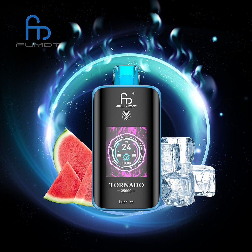 A Fumot Tornado Vape Device Labeled 'Lush Ice' Positioned Against A Dark Background With Glowing Blue Accents, Accompanied By Slices Of Watermelon And Ice Cubes To Emphasize Its Refreshing Flavor.