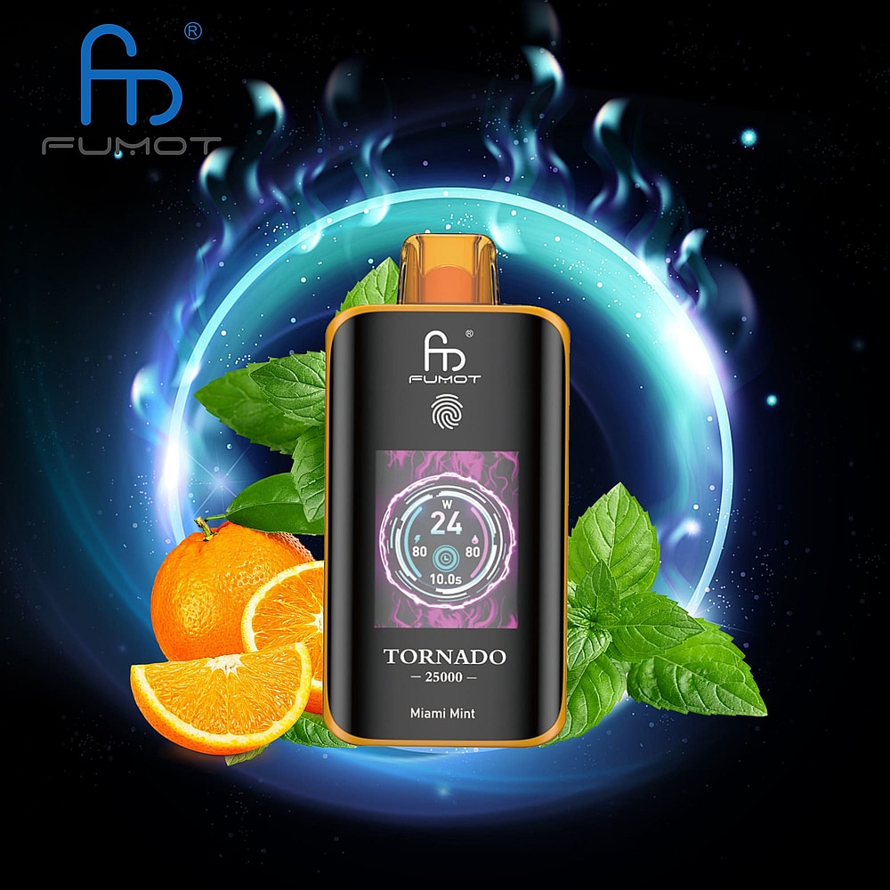 A Vape Device Branded 'Fumot' Featuring A Digital Display Showing Power Settings, Surrounded By Mint Leaves And Orange Slices Against A Cosmic Background With Swirling Blue And Green Tones.