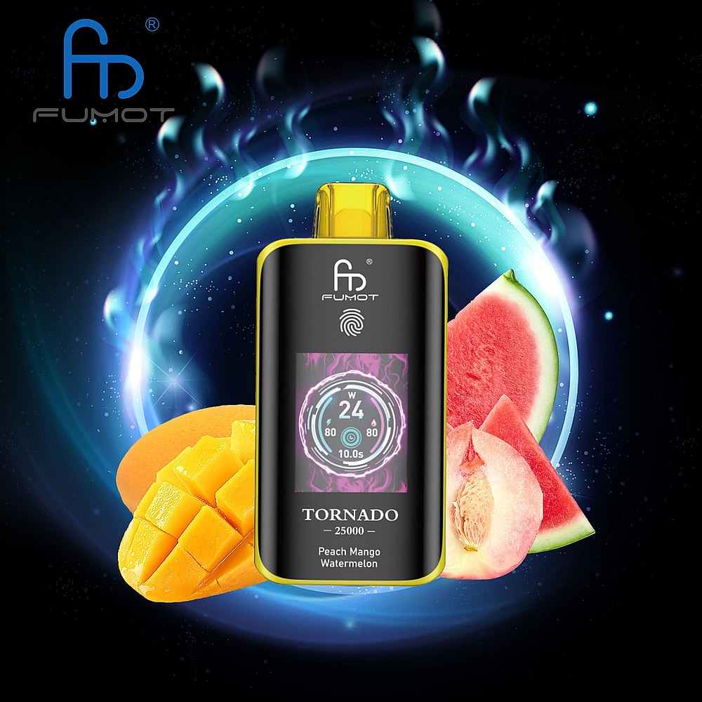 A Fumot Vaporizer Labeled 'Tornado 25000' Featuring A Display Showing Wattage And Timer, Surrounded By Vibrant Images Of Mango, Watermelon, And Peach Slices Against A Cosmic Background With Swirling Blue And Purple Effects.