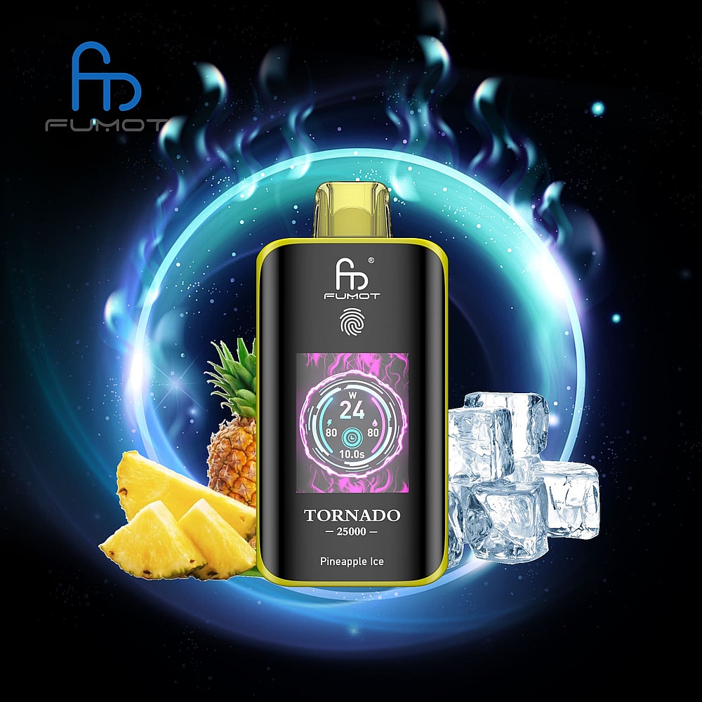 A Vape Device Labeled 'Tornado 25000' Displaying Settings For Pineapple Ice Flavor, Surrounded By Pineapple Slices And Ice Cubes, Against A Cosmic Background With Glowing Blue And Green Elements.