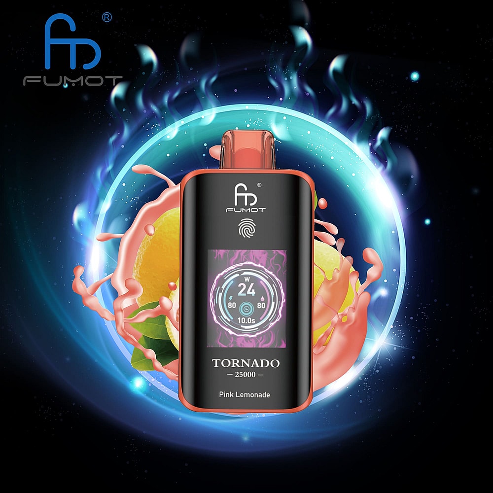 A Sleek, Black Vape Device Labeled 'Tornado 25000' With An Orange Accent, Featuring A Digital Display Showing Settings, Surrounded By Colorful Splashes And A Backdrop Of A Lemon Slice, Suggesting A 'Pink Lemonade' Flavor.