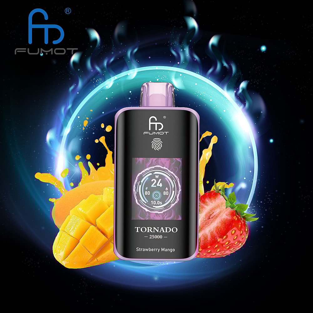 A Colorful Electronic Vaping Device Branded Fumot, Labeled 'Tornado 25000' With A Display Showing Settings, Surrounded By Vibrant Images Of Mango And Strawberry, Set Against A Dark Cosmic Background With Swirling Colors.
