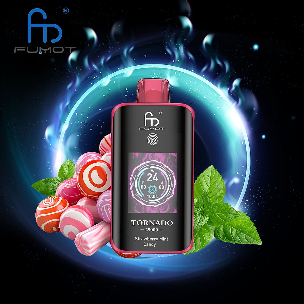 A Colorful Vape Device Labeled 'Fumot Tornado 25000' With A Display Showing Wattage Settings, Surrounded By Pastel-Colored Candy And Fresh Mint Leaves Against A Dark, Cosmic Background With A Glowing Blue Circular Effect.