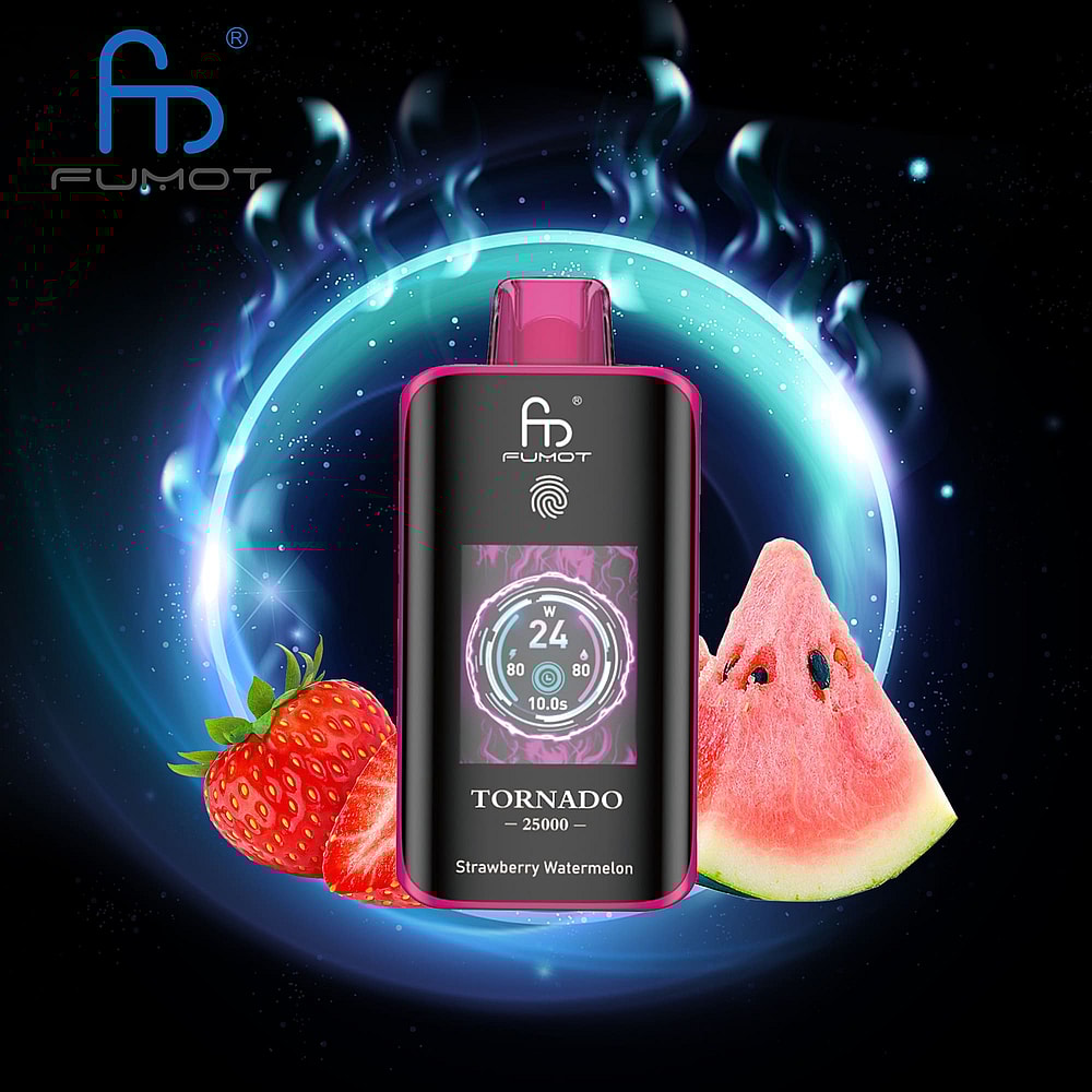A Fumot Tornado Vaping Device With A Black Body And Pink Accents, Displaying A Digital Screen That Reads '24W' And 'Tornado 25000', Surrounded By A Blue Glowing Circle, Alongside Fresh Strawberries And A Slice Of Watermelon.