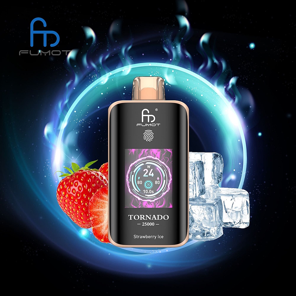 A Fumot Tornado Device With A Digital Display Showing Settings, Surrounded By Fresh Strawberries And Ice Cubes Against A Vibrant Cosmic Background.