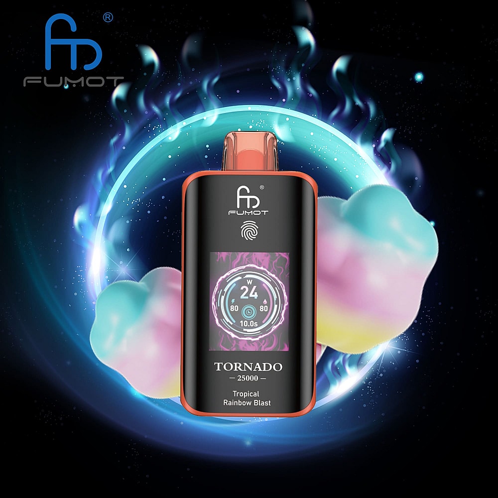 A Vape Device Labeled 'Tornado 25000' By Fumot, Featuring An Orange Top And A Digital Display Showing Settings, Surrounded By Colorful Cotton Candy-Like Clouds Against A Dark Cosmic Background.