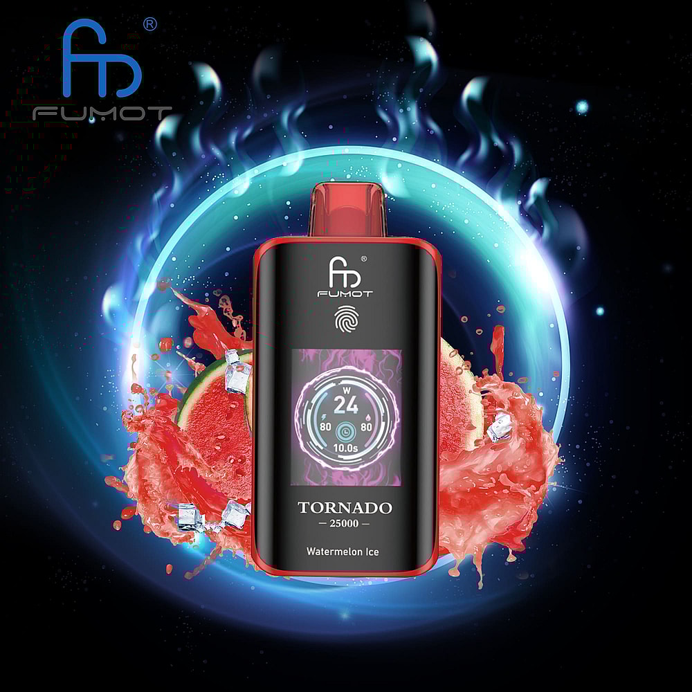 A Fumot Tornado Vape Device Featuring A Colorful Display Titled 'Watermelon Ice,' Set Against A Dynamic Background Of Vibrant Watermelon Slices And Splashes Of Red Liquid.