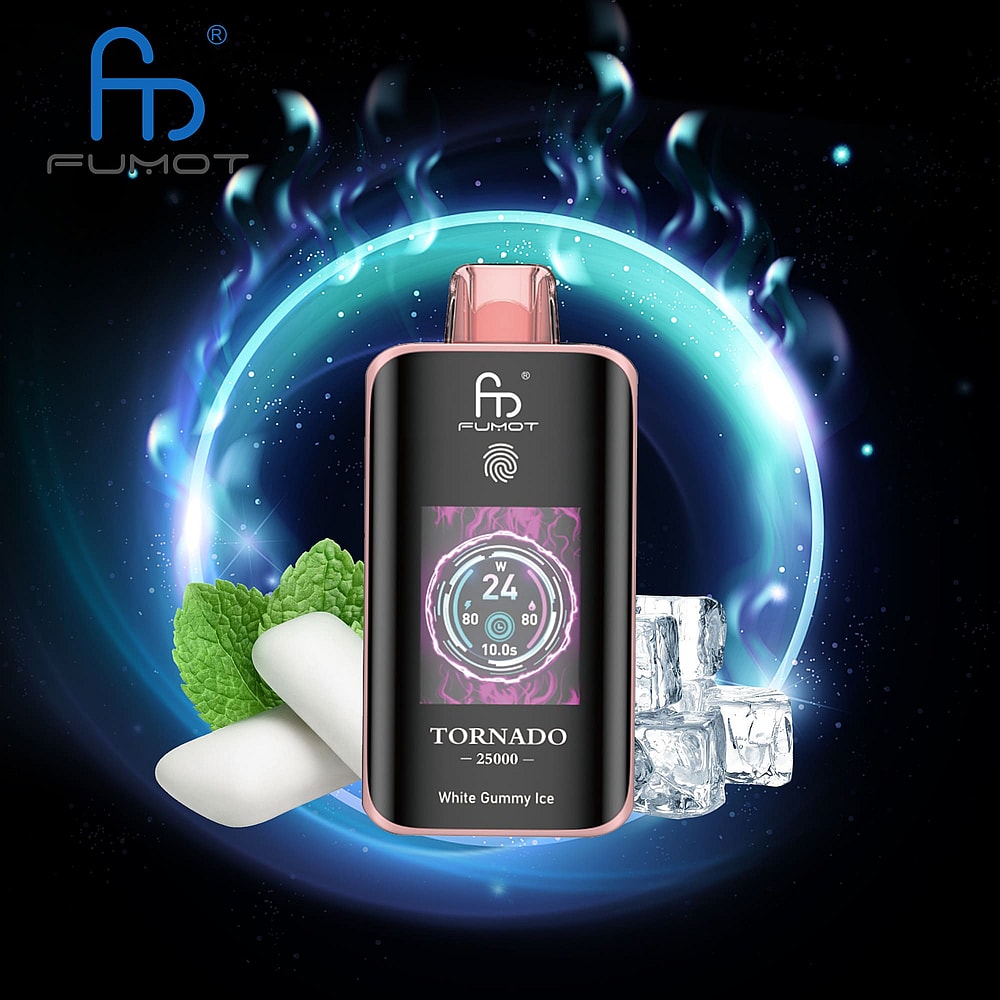 A Fumot Tornado Vape Device With A Black And Rose Gold Design, Displaying A Screen Showing Wattage, Surrounded By Mint Leaves, Gummy Candy, And Ice Cubes Against A Cosmic Background.