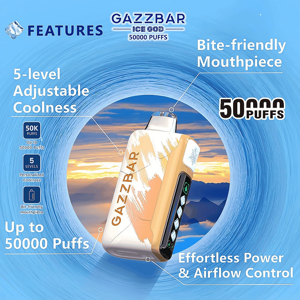 Un dispositivo Gazzbar Ice Vape che mette in mostra le sue caratteristiche, tra cui una temperatura di raffreddamento regolabile su cinque livelli, un bocchino delicato sulla bocca e una capacità dichiarata di 50.000 tiri, il tutto su uno sfondo blu a spirale.