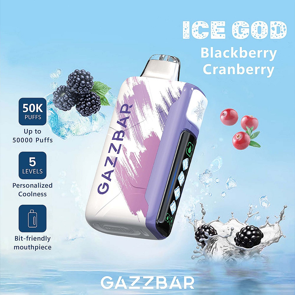 A Gazzbar Vape Device Labeled 'Ice God' With A Design Featuring Blackberry And Cranberry, Showcased Against A Light Blue Background With Splashes Of Water And Berries, Highlighting Features Like 50K Puffs, Five Levels Of Coolness, And A User-Friendly Mouthpiece.